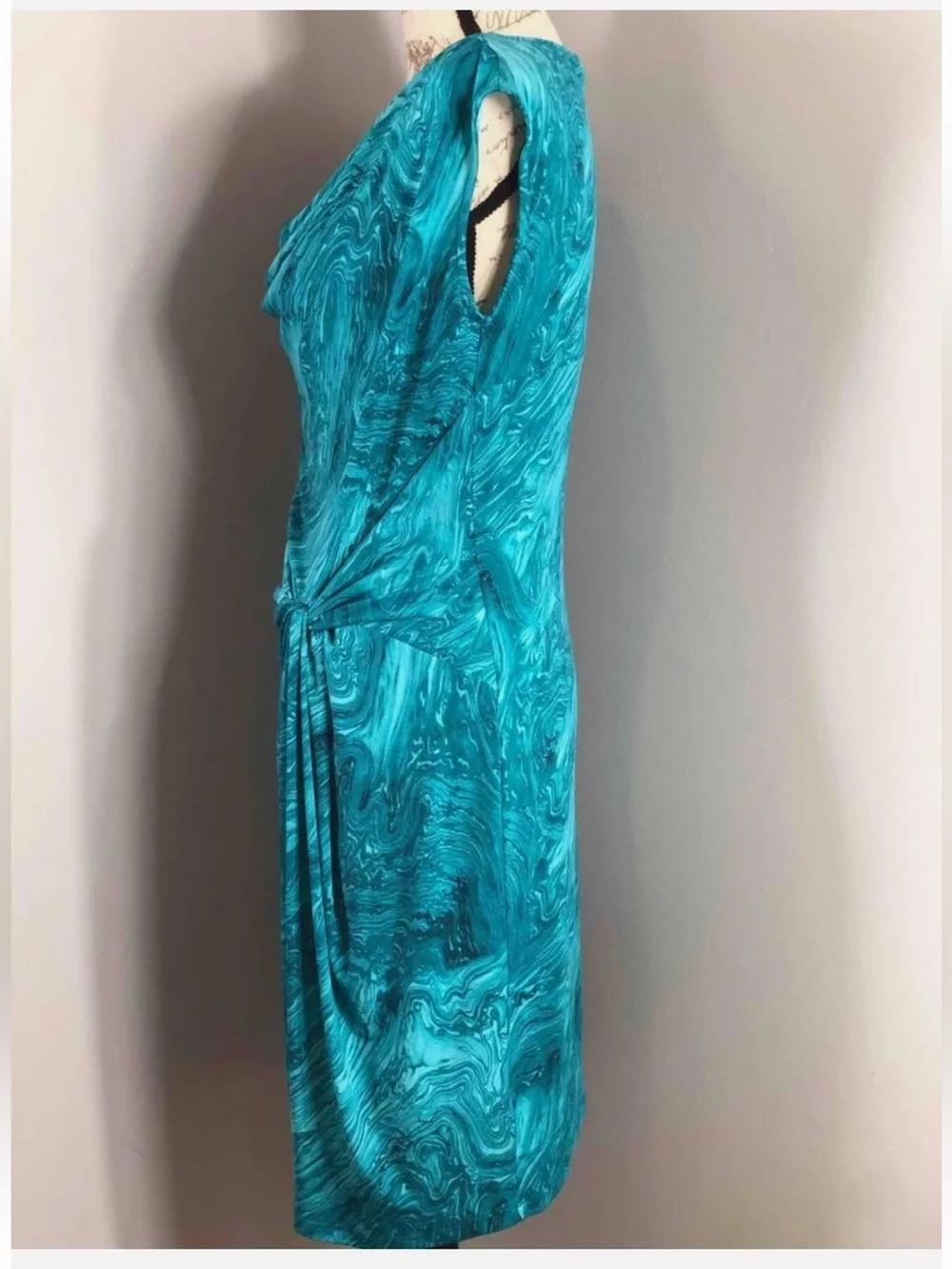 Michael Kors Womens Teal Marble Print Ruched Draped Twist Front Midi Dress PS